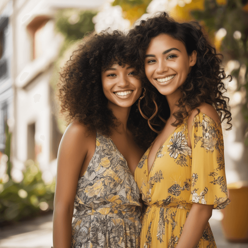 Young women in colorful summer dresses